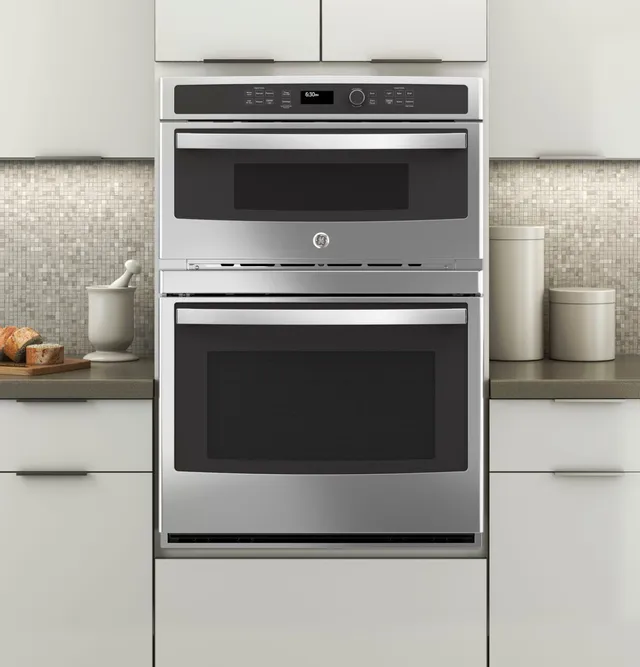 The GE JT3800SHSS 30-inch double wall oven shown installed in a kitchen 