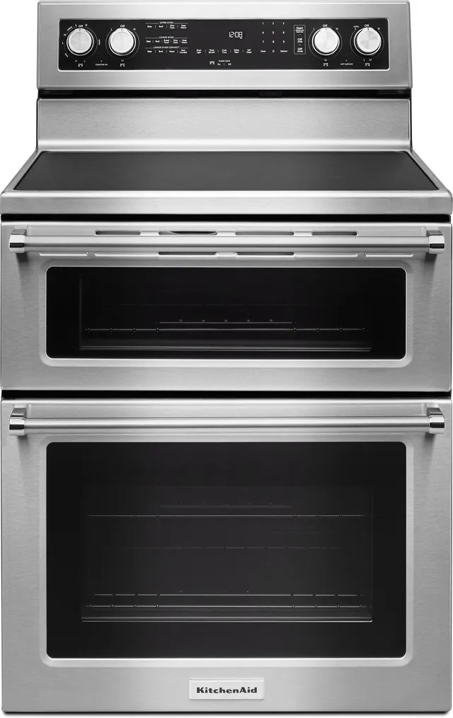 Front view of the KitchenAid KFED500ESS 30” double oven range 