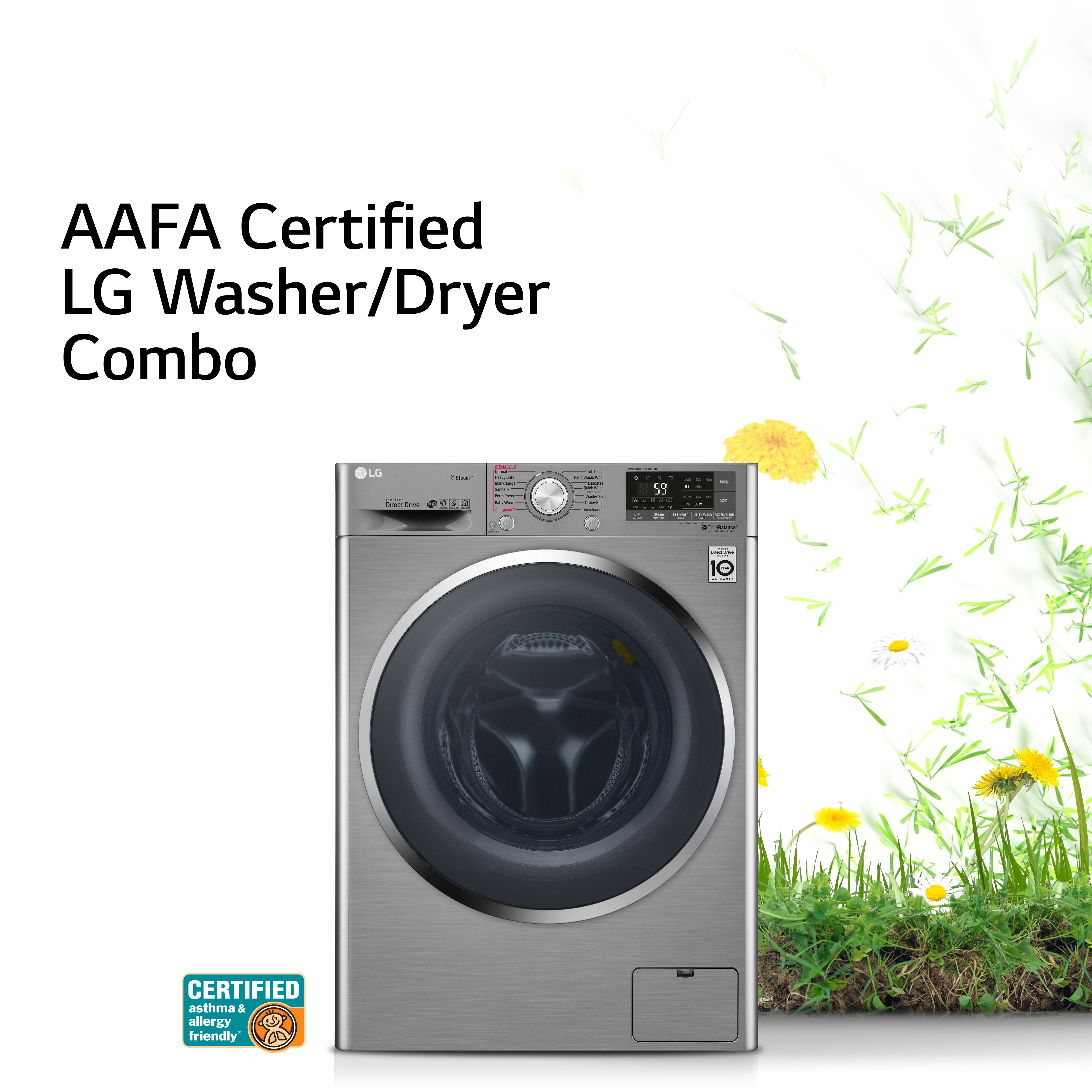 Front view of LG WM3499HVA washer dryer combo with AAFA graphic banner