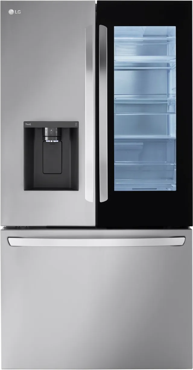 Front view of the LG LRFOC2606S French door InstaView refrigerator 