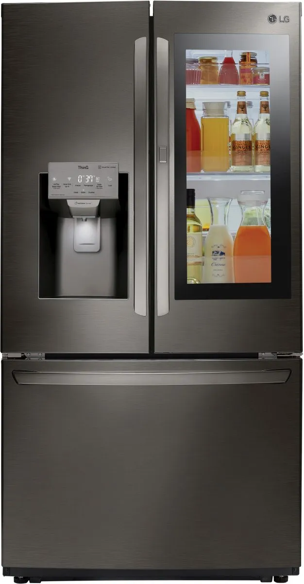 Front view of the LG LFXC22596D black stainless steel refrigerator 