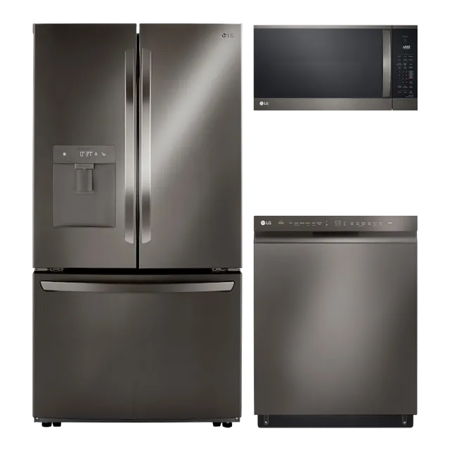 Front view of an LG 3-piece kitchen appliance package 