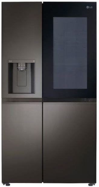 Stock photo of a black stainless steel LG smart refrigerator. 