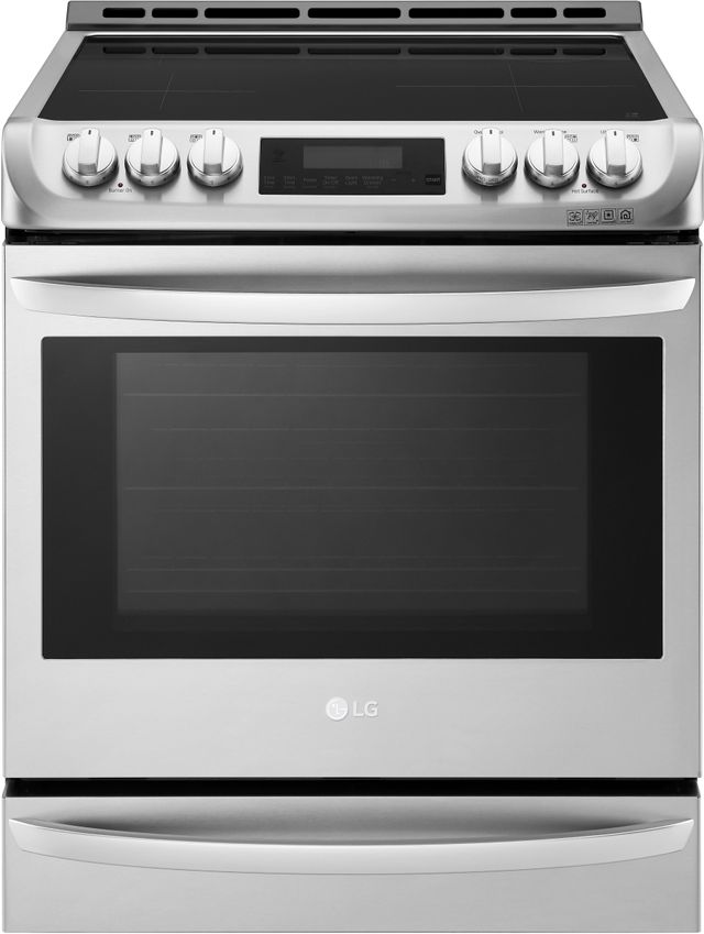 Stock photo of a stainless steel, induction LG smart range. 