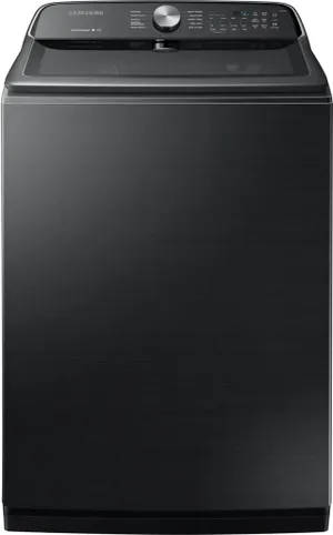 Front view of the Samsung WA54R7200AV black stainless top load washer 