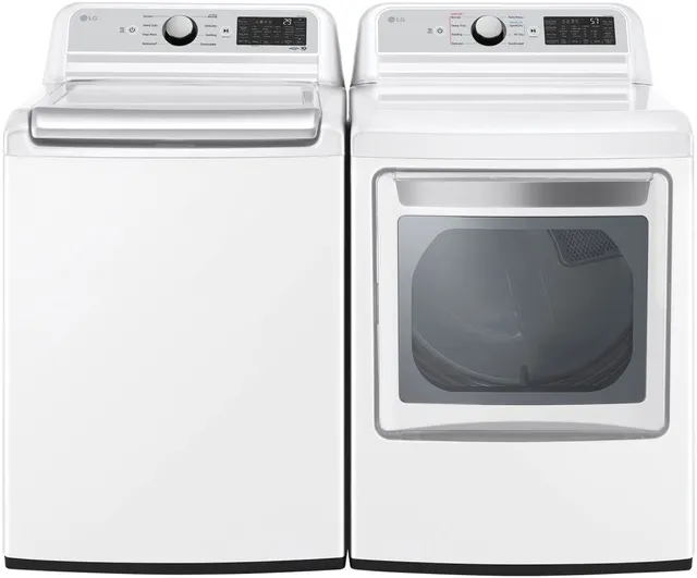 Front view of the LG WT7400CW top load washer and LG DLE7400WE electric dryer 