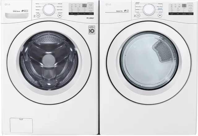 Front view of the LG WM3400CW front load washer and LG DLG3401W dryer 