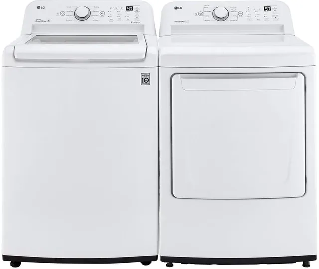 Front view of the LG WT7005CW top load washer and LG DLE7000W electric dryer 