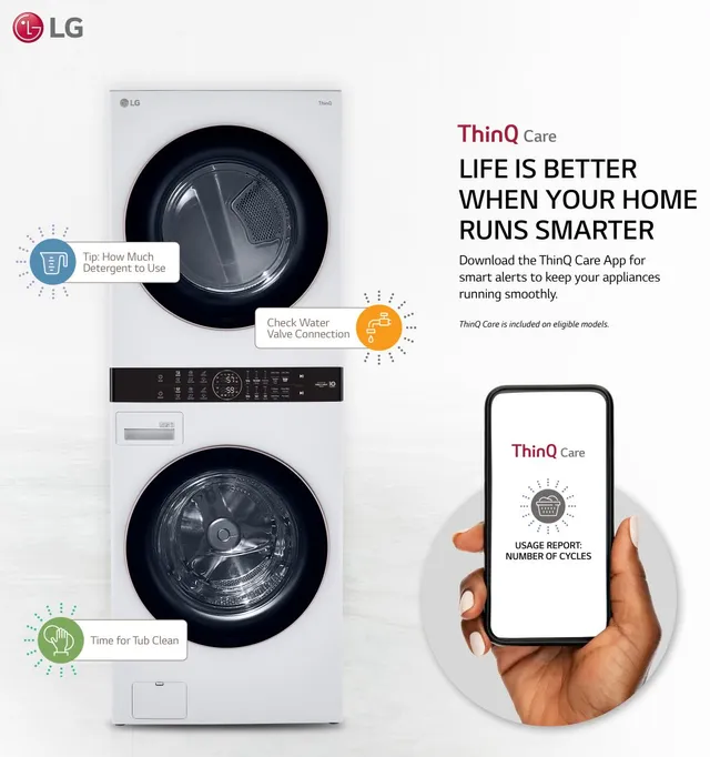 A graphic describing how the ThinQ Care app works with an LG WashTower 