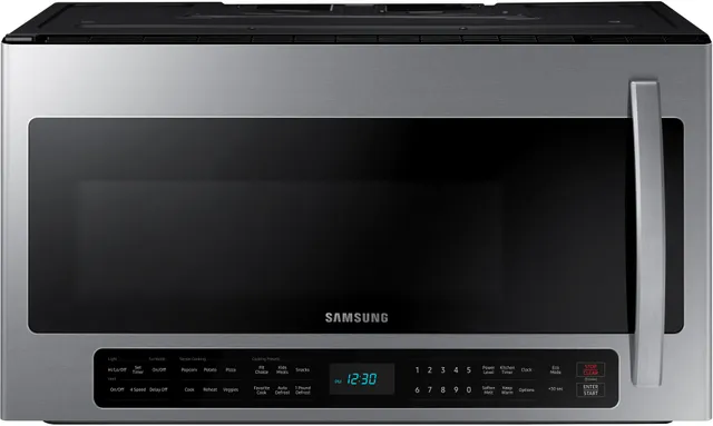 Front view of the Samsung ME21R7051SS over the range microwave 