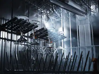 Stemware washing inside a Miele dishwasher 