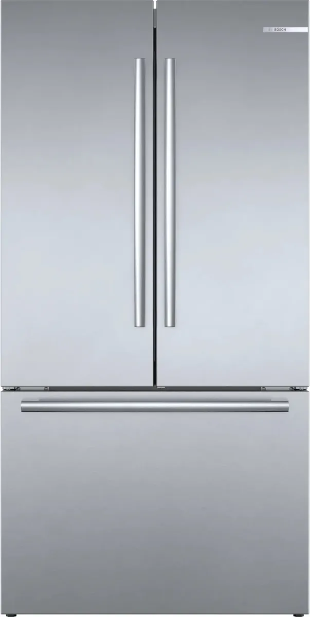 Front view of the Bosch B36CT80SNS 800 Series French door refrigerator 