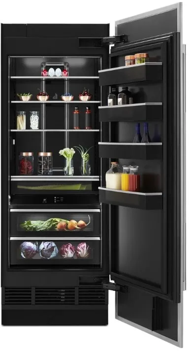 The JennAir JBRFR30IGX panel ready column refrigerator with its door open and stocked with a variety of ingredients 