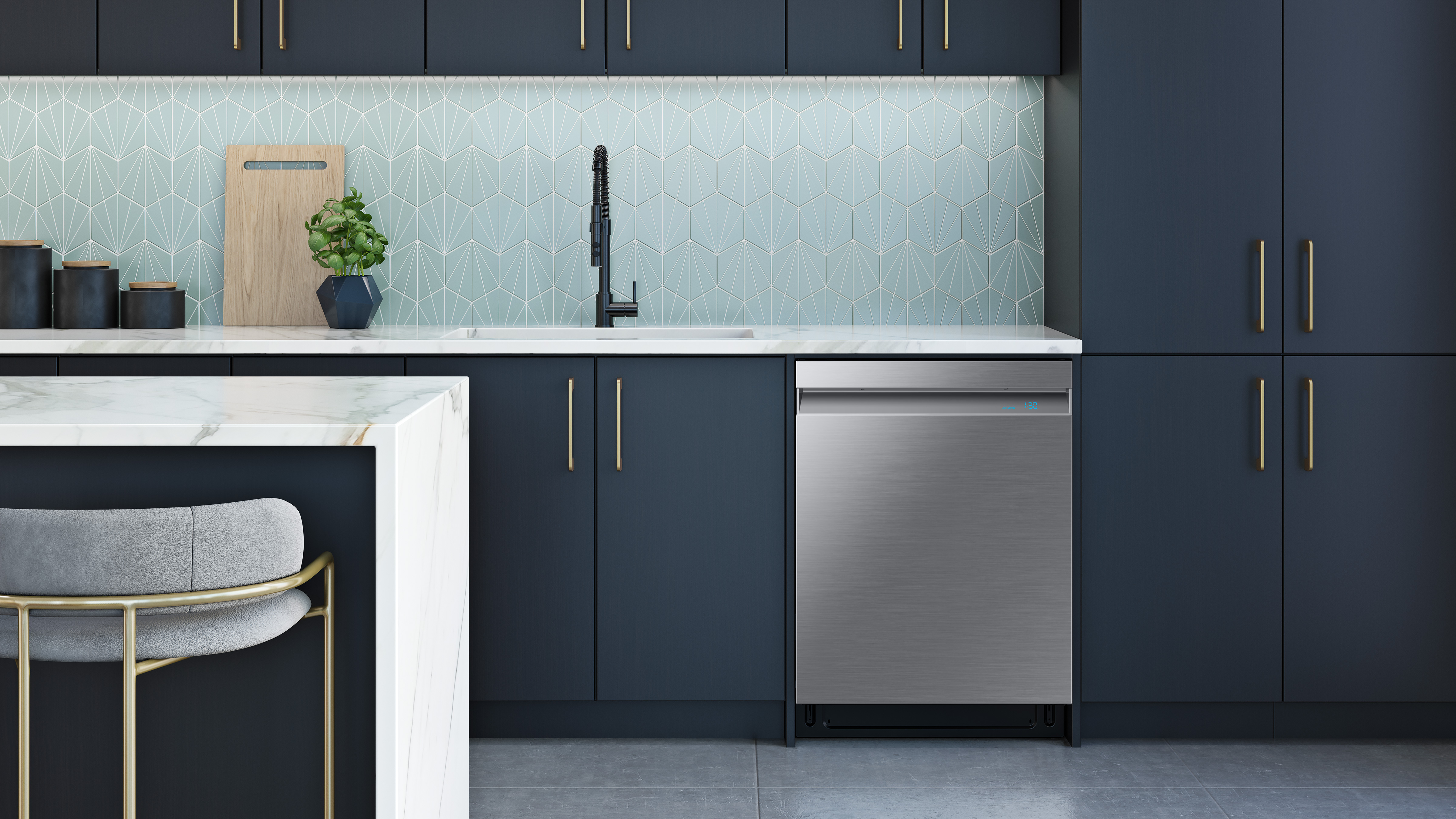 A Samsung dishwasher in an elegant kitchen with dark cabinets