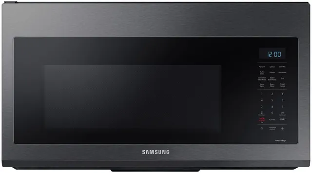 Front view of the Samsung MC17T8000CG over-the-range microwave 