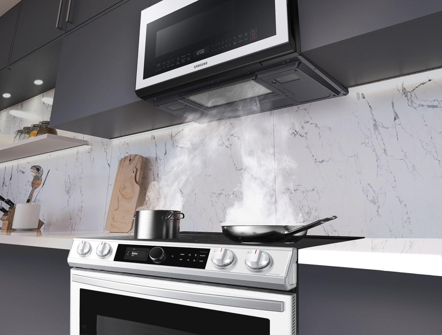 The Samsung ME21B706B12 over-the-range microwave ventilating smoke from a range 