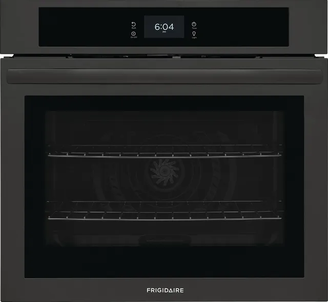 Front view of the Frigidaire FCWS2727AB black wall oven 