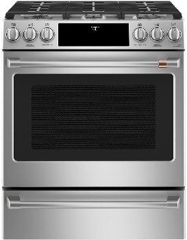 Front view of the Cafe CGS700P2MS1 slide in gas range 