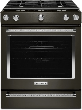 Front view of the KitchenAid KSGG700EBS slide in gas range 