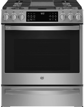 Front view of the GE Profile PGS930YPFS slide in gas range 