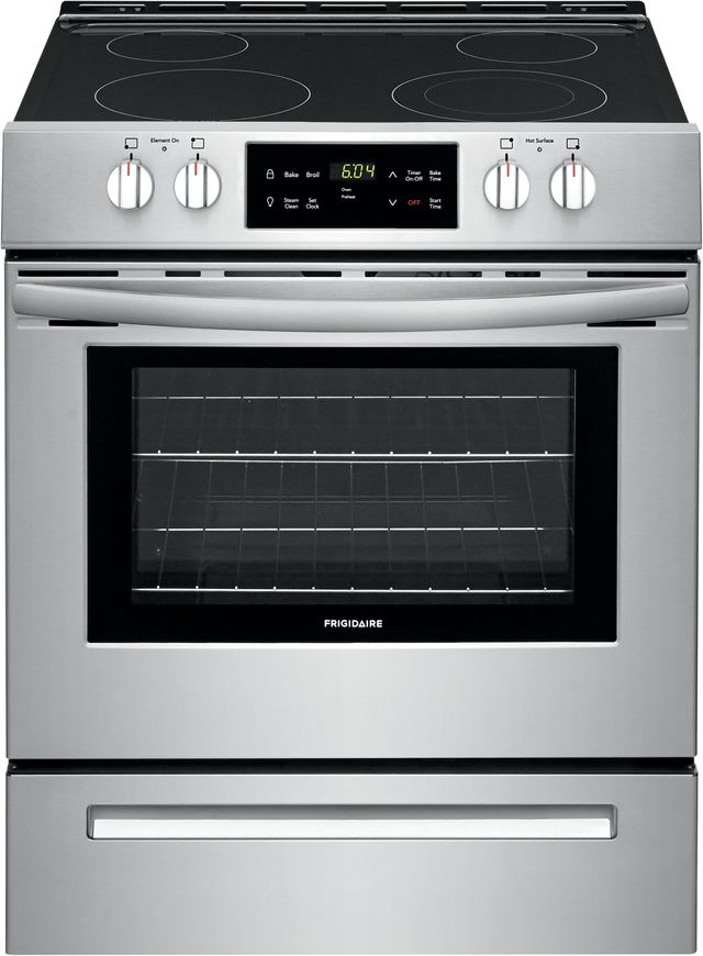 Stock photo of a stainless steel Frigidaire slide in electric range. 