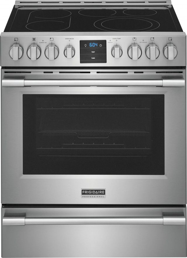 Stock photo of a stainless steel Frigidaire professional slide in electric range.