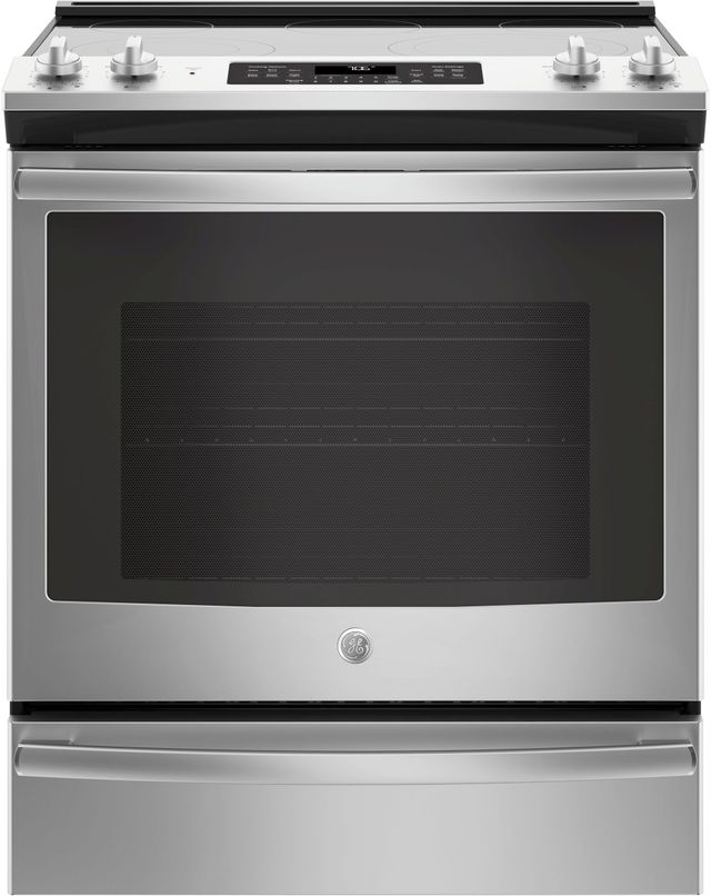 Stock photo of a stainless steel GE slide in electric range with storage drawer beneath.