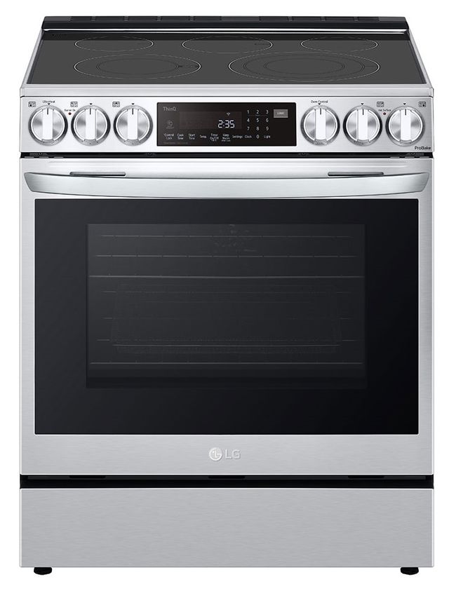 Stock photo of a stainless steel LG slide in electric range.