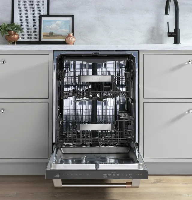 The Café CDT805P2NS1 dishwasher shown with its door open 
