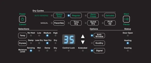 Close up of the electronic controls on the Speed Queen dryer 