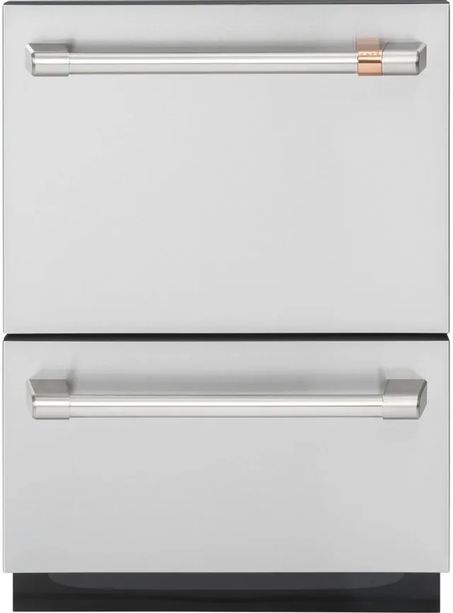Front view of the Café CDD420P2TS1 double drawer dishwasher 