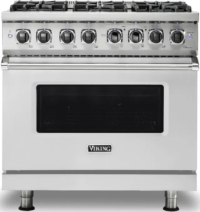 Front view of the Viking 36” VDR5366BSSLP 5 Series dual fuel range 
