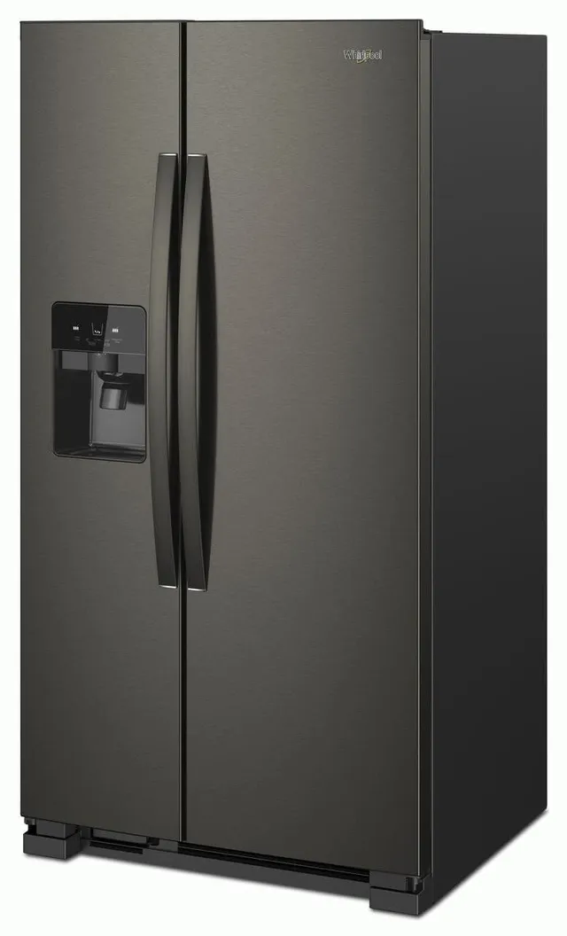 Front view of the Whirlpool WRS325SDHV black stainless steel side by side refrigerator 