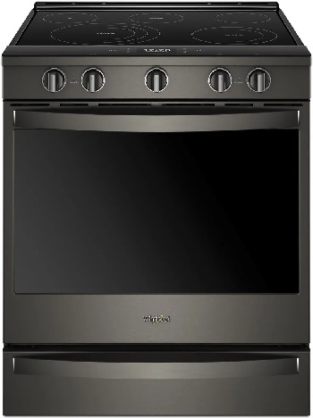 Front view of the Whirlpool WEE750H0HV 30” slide-in electric range 