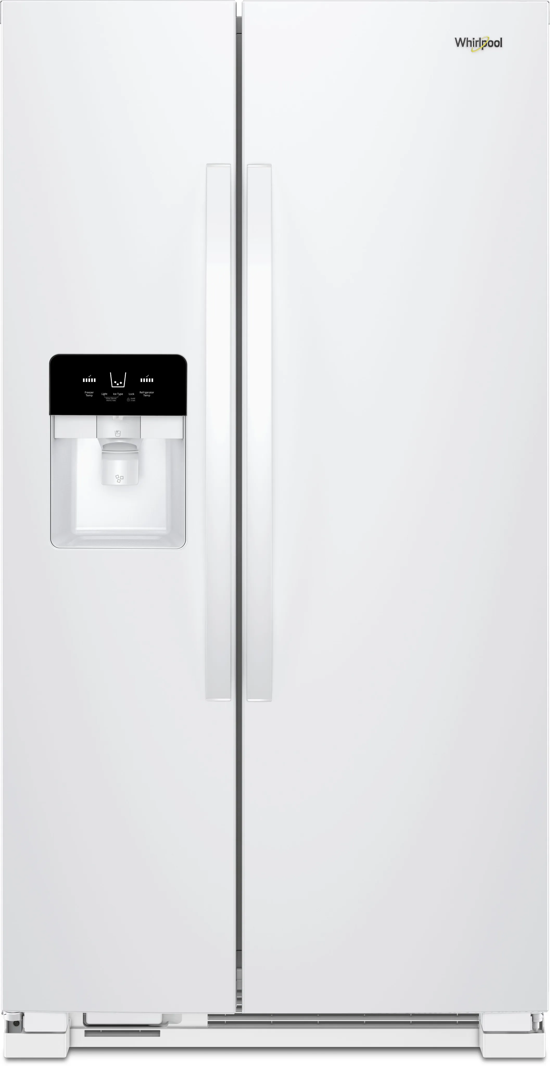 Front view of the Whirlpool WRS555SIHW white side by side refrigerator 