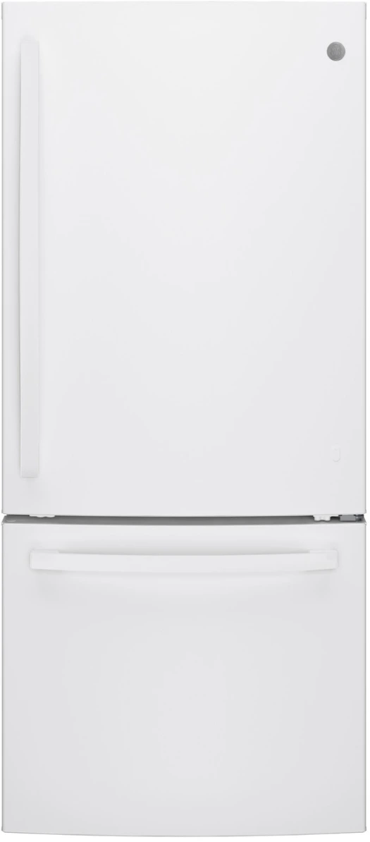 Front view of the GE GDE21EGKWW white bottom freezer refrigerator 