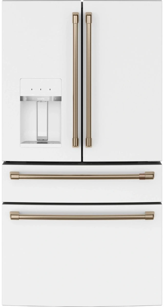 Front view of the Café CXE22DP4PW2 white French door refrigerator 