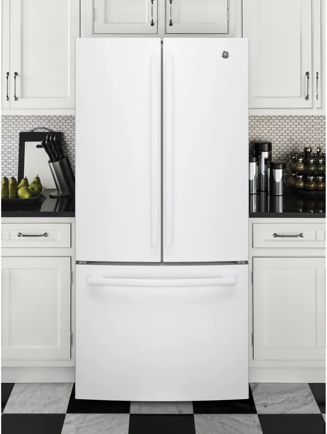 The GE GNE25JGKWW white French door refrigerator in a black and white kitchen 