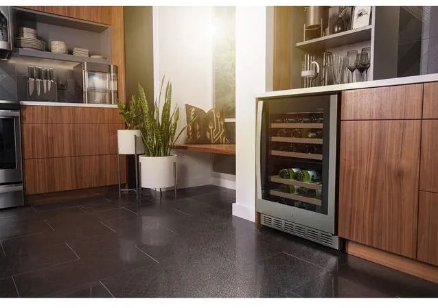 The GE Profile PWS06DSPSS wine fridge shown installed beneath a counter 