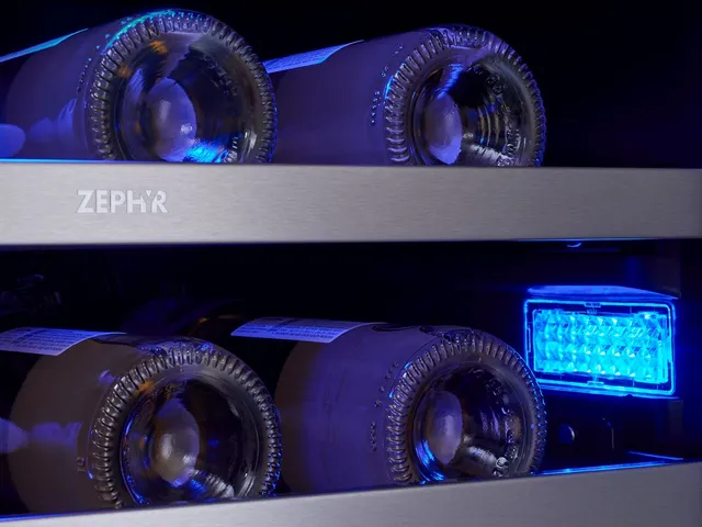 Up close look at bottles stored inside the Zephyr PRWB24C32CG wine cooler 