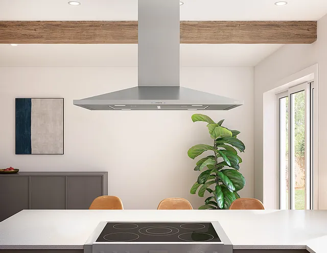 Front view of the Zephyr ZAZ-M90DS Core Collection 36” island range hood 