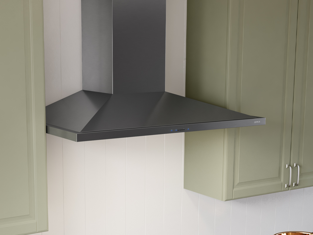 The Zephyr Anzio wall mounted range hood in a black finish 