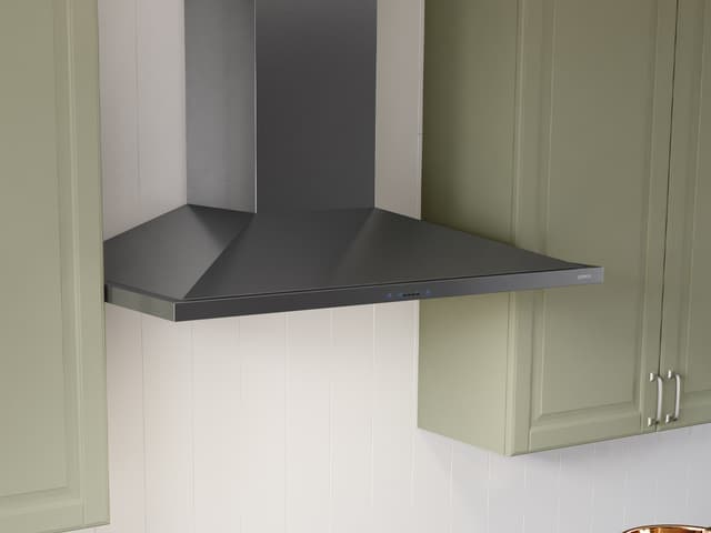 The Zephyr Anzio wall mounted range hood in a black finish