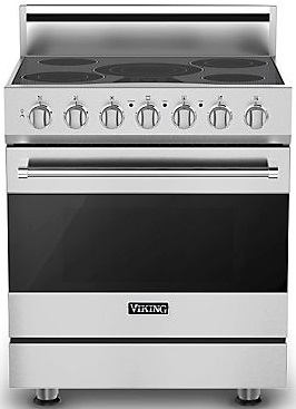 Stock photo of a stainless steel Viking brand electric range with large handle. 
