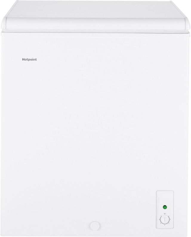 Stock photo of a white Hotpoint brand chest freezer.