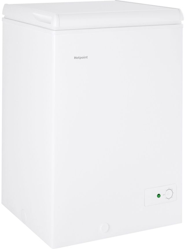 Stock photo of a white, compact Hotpoint brand chest freezer.