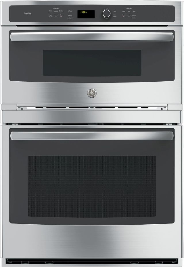 Stock photo of a stainless steel GE Profile brand microwave oven combination appliance. 