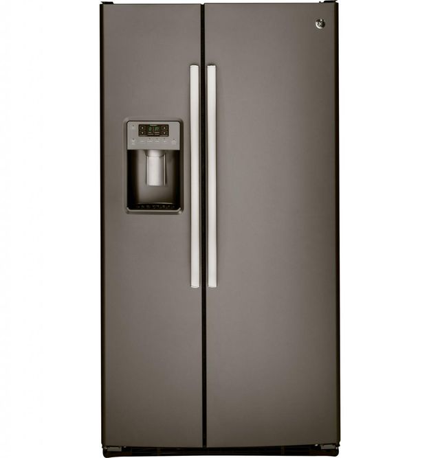 Stock photo of a slate GE brand side by side refrigerator. 