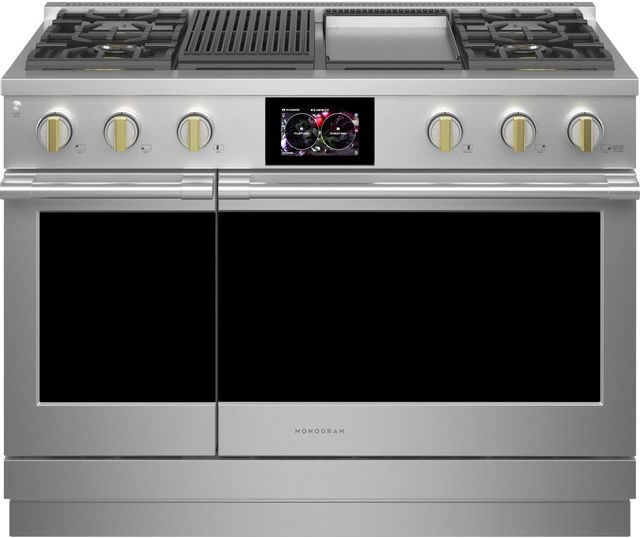 Stock photo of a stainless steel 48 inch Monogram brand dual fuel range with two ovens. 
