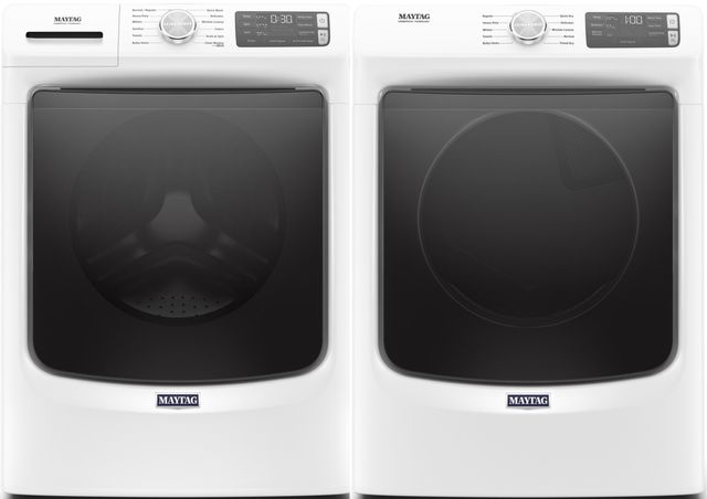 Stock photo of a white Maytag brand stackable washer and dryer next to each other.